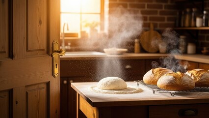 Freshly Baked Bread Dough Kneaded in a Sunlit Kitchen