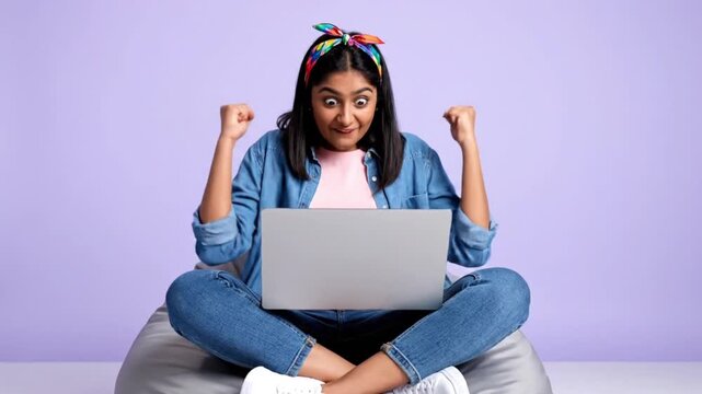 Young woman with a colorful headband reacts with extreme excitement and triumph while celebrating an online achievement on her modern silver laptop computer screen