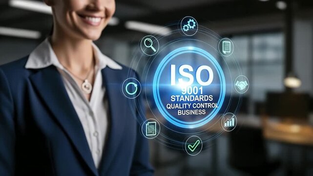 Woman interacting with a ISO 9001 standard icon for the concept of quality control.