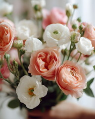 Bouquet of pink and white ranunculus flowers in a vase, layout with copy space  