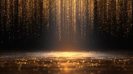 Luxury golden glitter particles falling from above like soft rain, shimmering gold dust curtain in the background, glowing golden particles covering the floor.