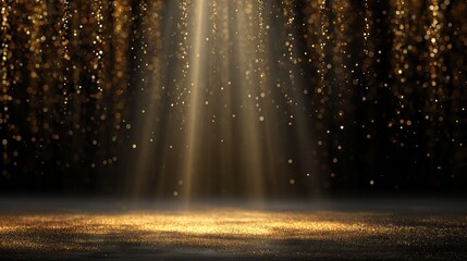 Luxury golden glitter particles falling from above like soft rain, shimmering gold dust curtain in the background, glowing golden particles covering the floor.