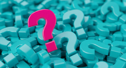 A pile of cyan question marks with a pink question mark above, representing a query, a problem, or a subject to be discovered or learned