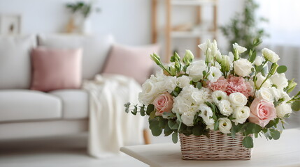 Beautiful flower bouquet arrangement in basket on table in modern living room  