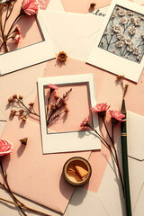 Vertical Flat Lay of Flowers and Envelopes, Empty Polaroid Frame Background 