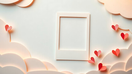 Paper Blank Empty Photo Frame with Hearts and Clouds Background