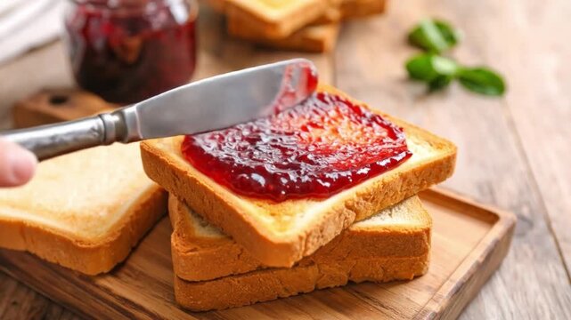 Close up of toast with jam and knife on a wooden cutting board