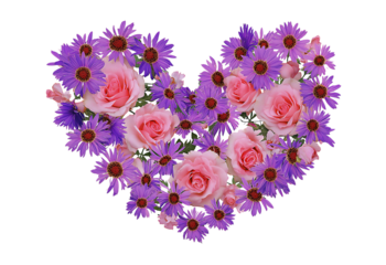 Heart shaped arrangement of pink roses and purple daisies isolated on a transparent background floral arrangement