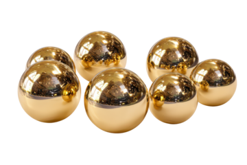 Group of seven shiny golden spheres reflecting light and surroundings on black ball