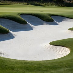 Pristine white sand bunker with intricate raked patterns on a green golf course, a flagstick visible on the putting green under bright sunlight.