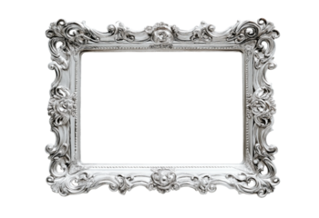 Ornate silver vintage rectangular picture frame with decorative scrollwork and floral elements isolated on a transparent background