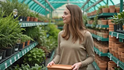 Smiling young woman walking through a greenhouse nursery holding a terracotta tray while looking at potted plants on shelves