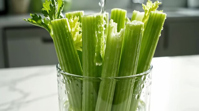 Fresh Celery Sticks In Glass With Water Splashes For Healthy Lifestyle And Diet