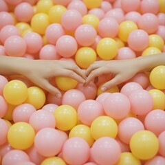 Children's hands forming a heart symbol surrounded by vibrant pink and yellow play balls