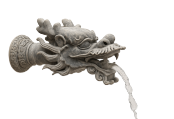 Stone Dragon Head Fountain Spout with Water Flowing isolated on a transparent background sculpture