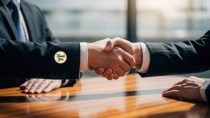 Business handshake with thank you sticker