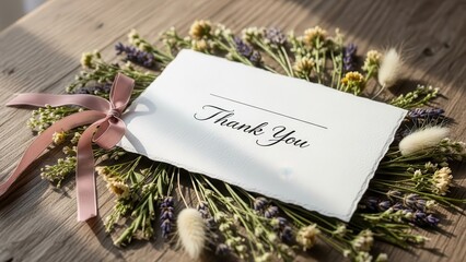 Thank You Card With Pink Ribbon and Floral Arrangement