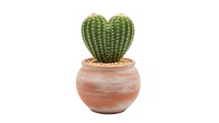 A charming heart-shaped cactus in a rustic terracotta pot, symbolizing enduring love and resilience isolated on transparent background
