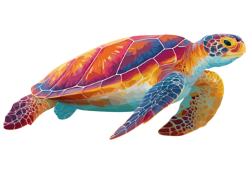 Vibrant sea turtle with colorful patterned shell and flippers isolated on a transparent background marine life