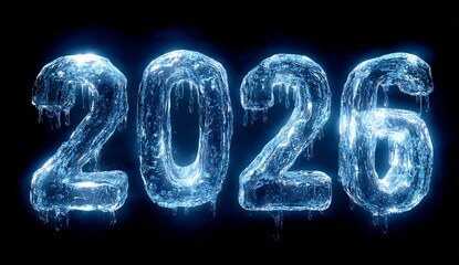 Melting ice numbers 2026 with blue light and drips Keywords: 2026, ice, numbers, year, new year