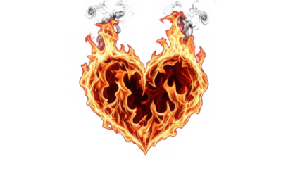 Vibrant heart shape formed by intense, burning flames and delicate wisps of smoke isolated on transparent background