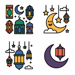 Fototapeta premium Festive Islamic Iconography: A vibrant collection of stylized icons, including crescents, stars, and lanterns, creates a joyful and celebratory visual.