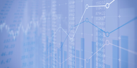 financial chart with uptrend line candlestick graph in stock market on blue color monitor background