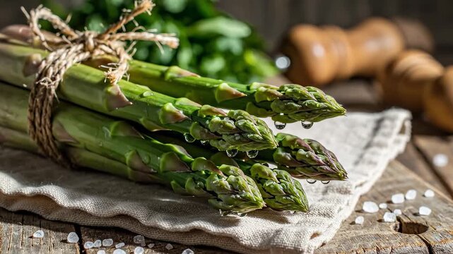 Fresh Green Asparagus Arrangement On Wooden Board, Healthy Spring Vegetable Harvest