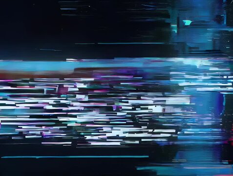 Abstract digital glitch art with horizontal lines and blocky shapes in dark, cool tones