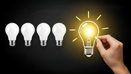 Four light bulbs on black background one glowing with hand drawing idea innovation thinking