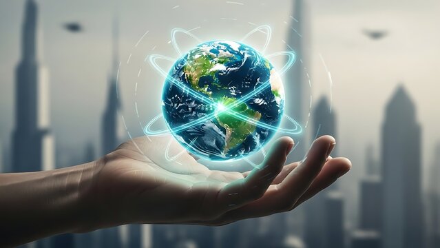 Hand holding glowing digital Earth with futuristic cityscape background - Powered by Adobe