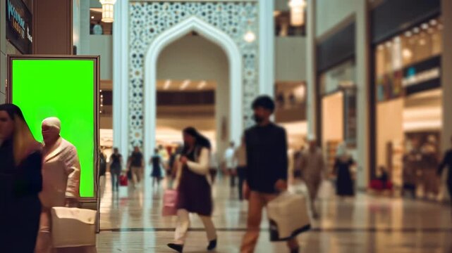 4k video of a digital billboard in a mall for Ramadan Kareem holiday.