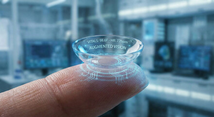Smart contact lens on fingertip with glowing digital interface and circuit