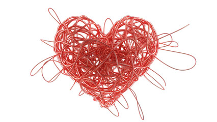 An intricate and symbolic heart crafted from tangled red wires, representing complex emotions and connections isolated on transparent background