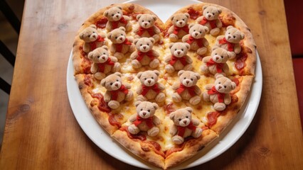 Heart shaped cheese pizza on white plate topped with many small plush teddy bears with red bows, placed on wooden table, fun conceptual image for Valentine s Day or romantic food love theme.
