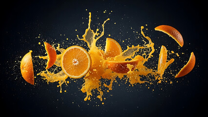Dynamic citrus explosion of ripe orange slices and invigorating juice captured mid-air, showcasing a vibrant burst of flavor, freshness, and natural energy against a deep background