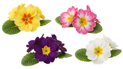 Vibrant Primrose flower collection displays brilliant yellow blossoms with orange centers, delicate pink and white blooms, rich deep purple petals, and pure white primroses with lush green leaves.