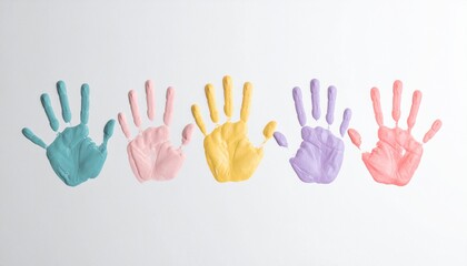 Five Pastel Hand Prints; Children&rsquo;s Painting Art on White Background
