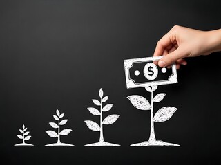 Hand placing dollar bill on growing plant illustration on black background money growth