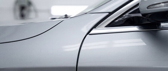 Fototapeta premium A close-up view of a modern silver car exterior highlighting smooth curves, metallic paint, and precision panel gaps, emphasizing automotive design, craftsmanship, and premium vehicle detailing.