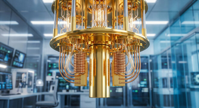Golden quantum computer processor chandelier in laboratory for physics research