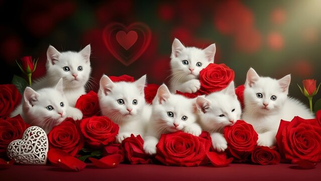 Group of white kittens sitting among red roses and petals. Romantic pet photography and floral love. Cute young cats surrounded by beautiful blooming flowers and a heart glow