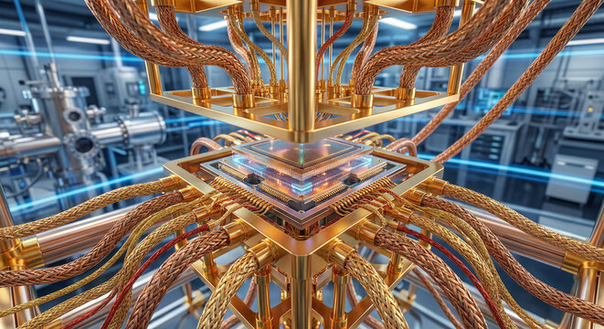 Golden quantum computer processor chandelier in laboratory for physics research