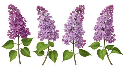 Vibrant purple and delicate lavender common lilac flower sprigs featuring abundant clustered blossoms and fresh green leaves detailed as individual botanical illustrations arranged decoratively.