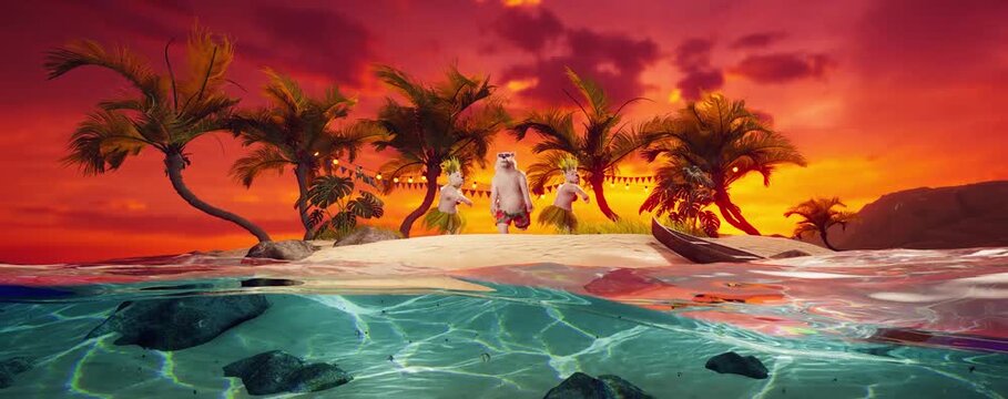 3D Render of Polar Bears Dancing on Tropical Beach at Sunset, Romantic Travel Getaway with Exotic Island, Palm Trees, Ocean Waves, Paradise Holiday