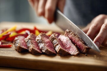 Close-up hands slicing carne asada on taco.