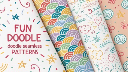 Fun Colorful Line Doodle Seamless Pattern Set v2 4x