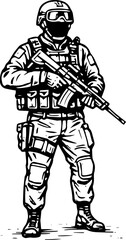 Obraz premium Black Ink Vector of Advancing Tactical Soldier with Assault Rifle and Backpack