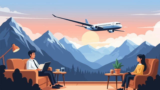 Two people relaxing indoors with a laptop and book, while a plane flies over mountains at sunset