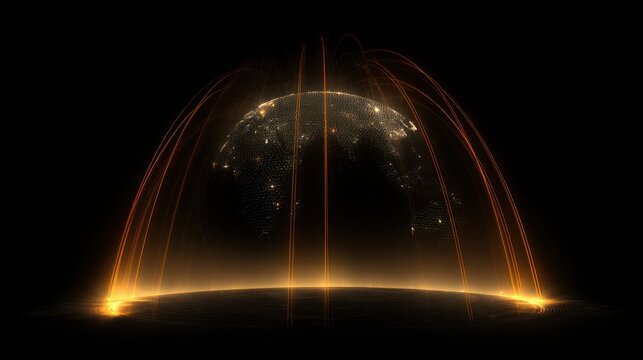 Illuminated Earth, encircled by glowing orange arcs, set against a dark background